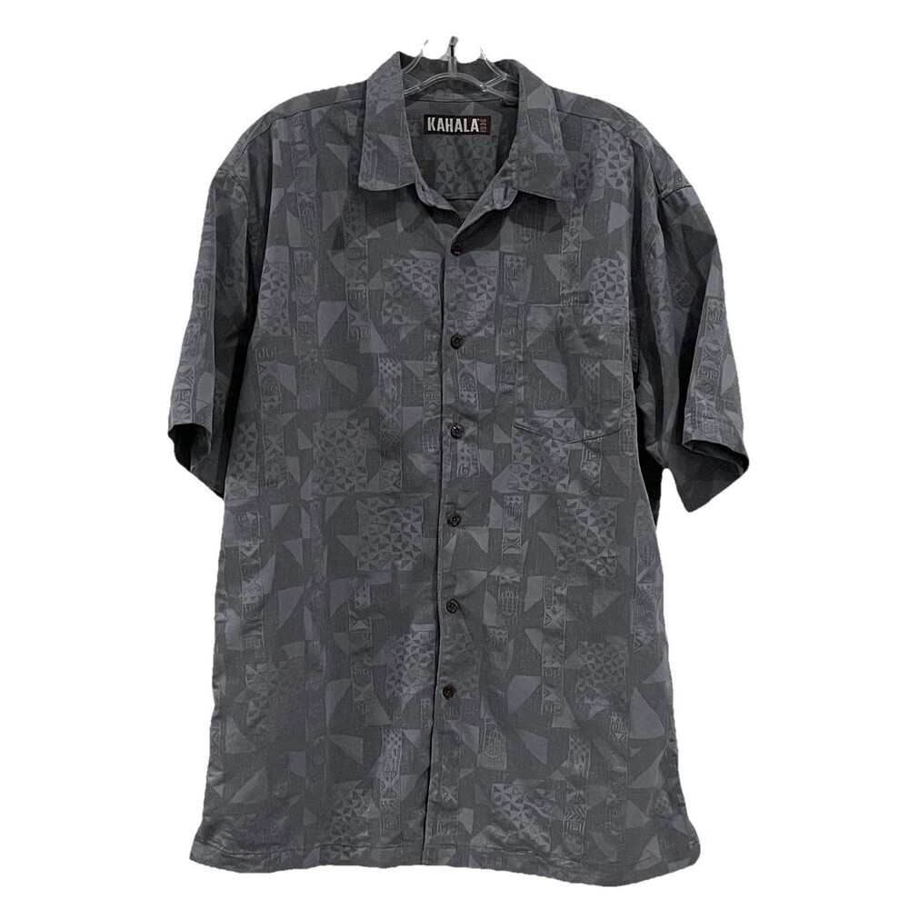 Kahala Men’s Hawaii Shirt Textured Polynosic Rayon Geometric Pattern Gray XL